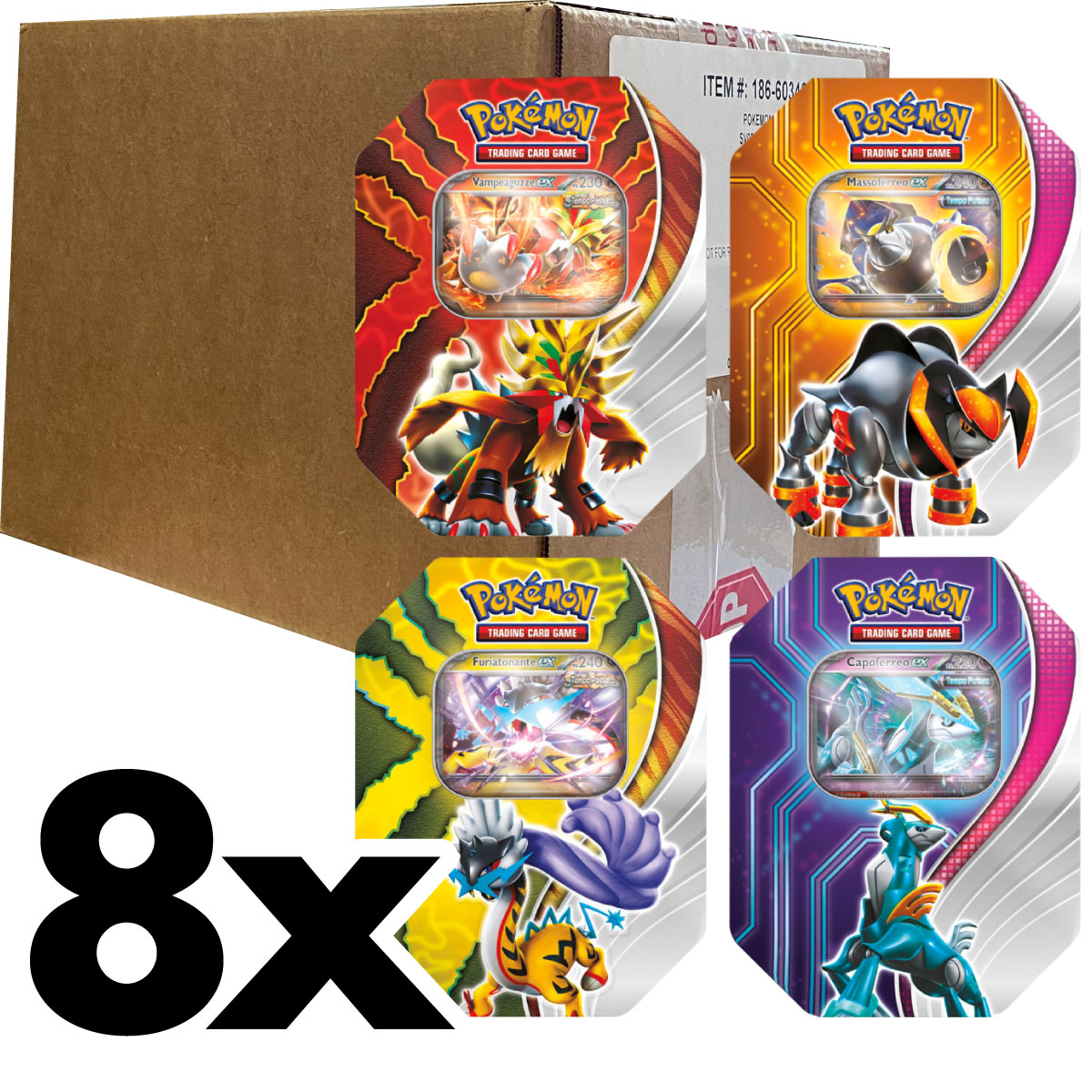 pokemon destini paradossali - case sigillato 8x tin da collezione - 2x capoferreo-ex, 2x furiatonante-ex, 2x massoferreo-ex, 2x vampeaguzze-ex (ita)