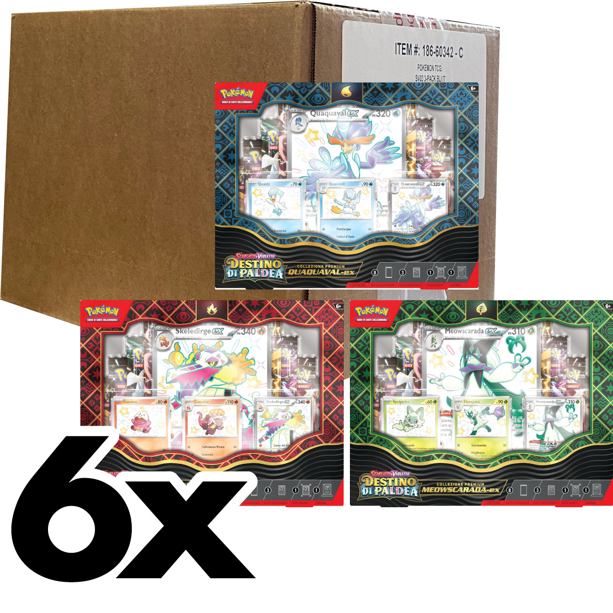 pokemon scarlatto e violetto destino di paldea - case sigillato 6x collezione premium - 2x quaquaval-ex, 2x skeledirge-ex, 2x meowscarada-ex (ita)