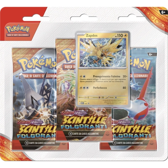 pokemon scarlatto e violetto scintille folgoranti - zapdos - blister 3 bustine + 1 card (ita)