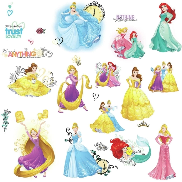 disney princess friendship with glitter - adesivo removibile da parete