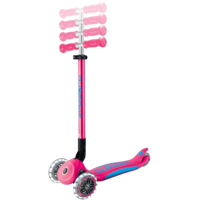 globber - primo foldable plus light - monopattino pieghevole con luci - fuchsia/sky blue