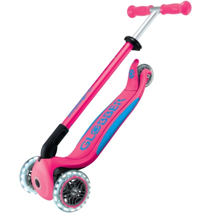 globber - primo foldable plus light - monopattino pieghevole con luci - fuchsia/sky blue