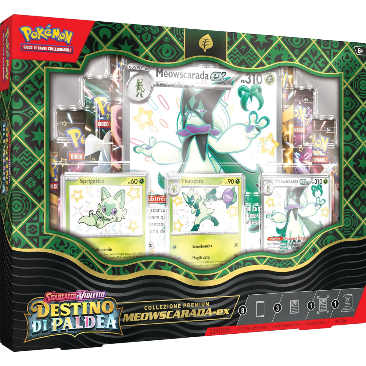 pokemon scarlatto e violetto destino di paldea - case sigillato 6x collezione premium - 2 quaquaval-ex, 2 skeledirge-ex, 2 meowscarada-ex (ita)