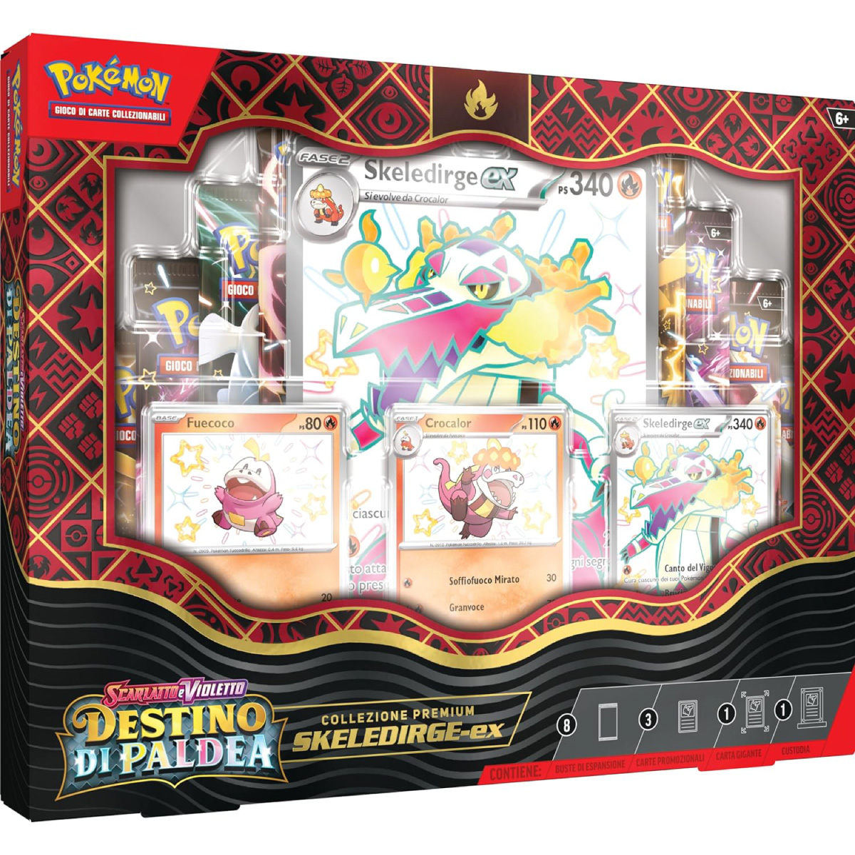 pokemon scarlatto e violetto destino di paldea - case sigillato 6x collezione premium - 2 quaquaval-ex, 2 skeledirge-ex, 2 meowscarada-ex (ita)