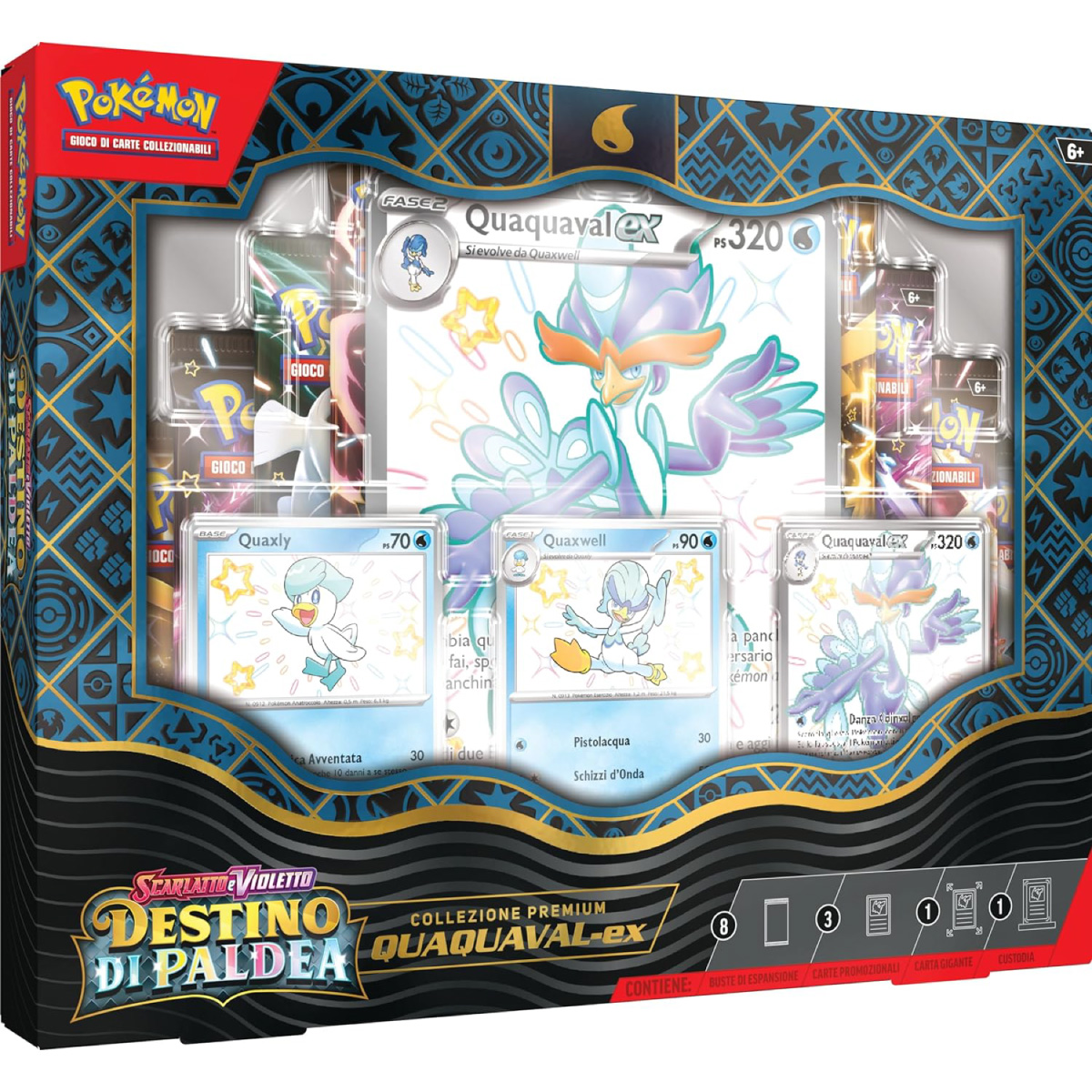 pokemon scarlatto e violetto destino di paldea - case sigillato 6x collezione premium - 2x quaquaval-ex, 2x skeledirge-ex, 2x meowscarada-ex (ita)